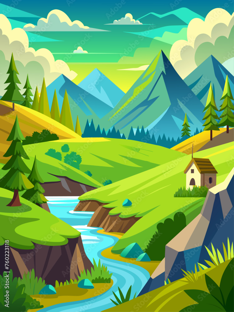 Tranquil vector landscape featuring a serene lake and rolling hills. Tranquil vector landscape featuring a serene lake and rolling hills.