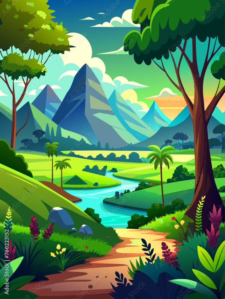 Naklejka premium Panoramic view of a serene landscape with rolling hills, a winding river, and a distant mountain range.