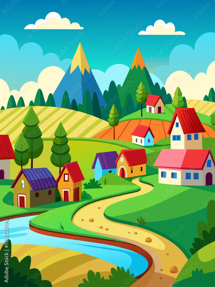 Fototapeta premium A picturesque vector landscape of a tranquil village nestled amidst rolling hills and lush greenery.