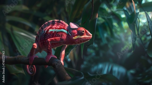 pink chameleon (fictious species) sitting on a branch in a tropical jungle photo