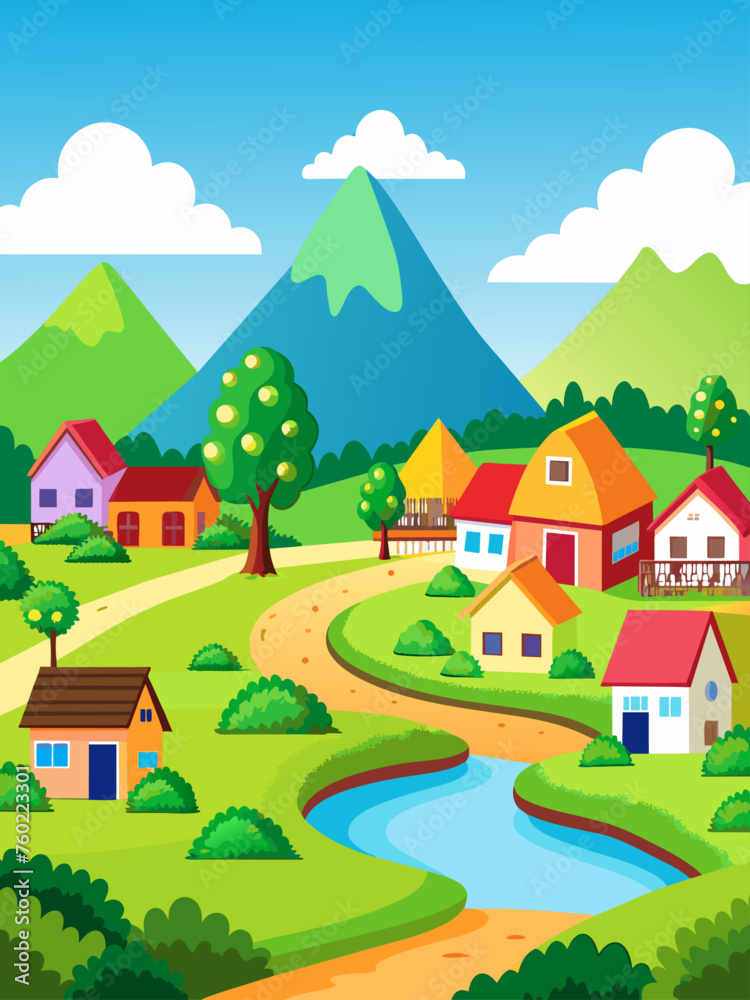 Village vector landscape background depicts a quaint countryside with rolling hills, lush greenery, and traditional houses.