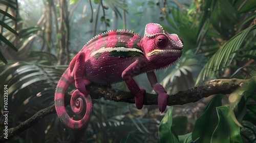 pink chameleon (fictious species) sitting on a branch in a tropical jungle photo