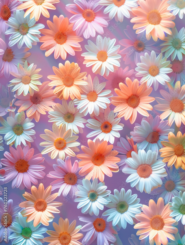 White daisy flowers, flat lay, warm colors, rainbow background