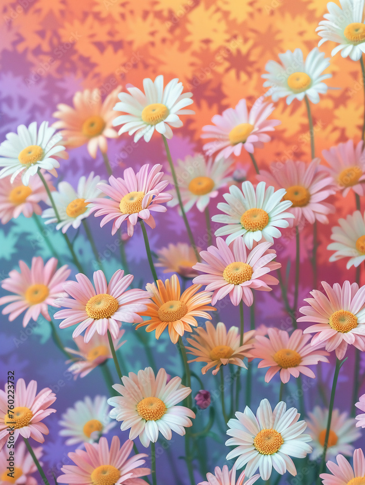 Fototapeta premium White daisy flowers, flat lay, warm colors, rainbow background