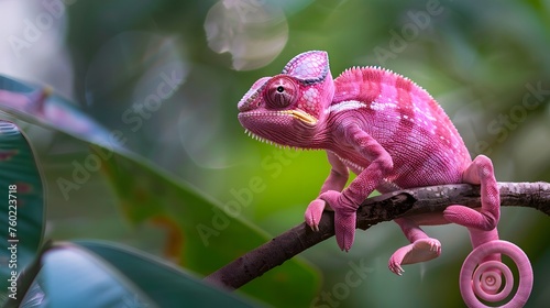 pink chameleon (fictious species) sitting on a branch in a tropical jungle photo