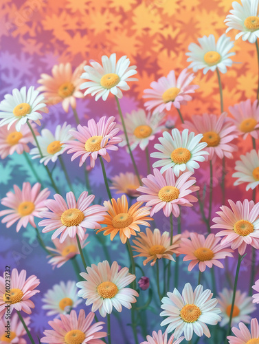 White daisy flowers, flat lay, warm colors, rainbow background © 성우 양