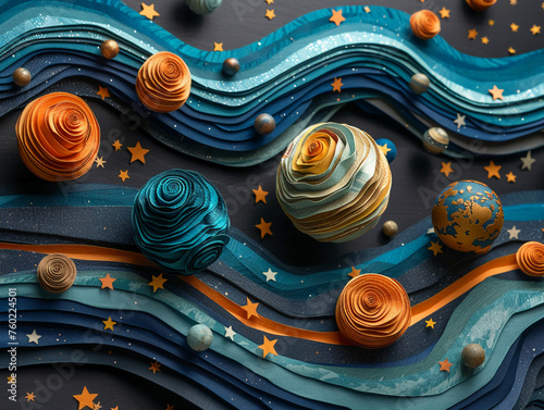 8 planets and many stars cut out of paper, the universe,8k