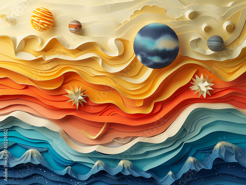 8 planets and many stars cut out of paper, the universe,8k