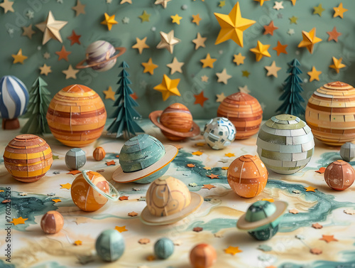 8 planets and many stars cut out of paper, the universe,8k