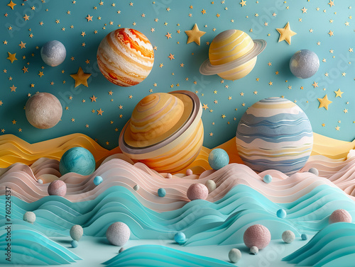 8 planets and many stars cut out of paper, the universe,8k
