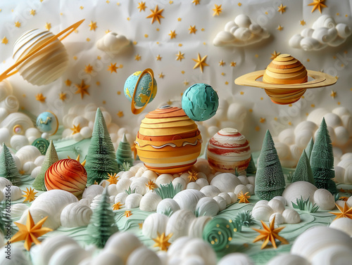 8 planets and many stars cut out of paper, the universe,8k