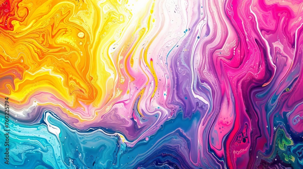 Abstract Fluid Art Background with Swirling Marbled Paint in Vibrant Rainbow Colors, Modern Acrylic Pour Painting