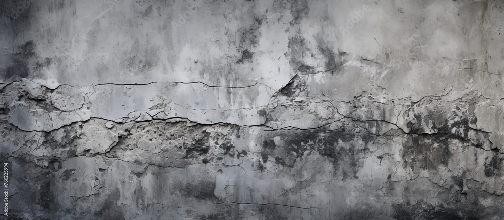 A monochrome photograph capturing the textures of a cracked concrete wall in a natural landscape setting. The stark contrast adds depth to the visual art