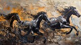 Abstract Modern Art Composition with Metallic Elements, Textured Background, and Galloping Horses, Oil Painting