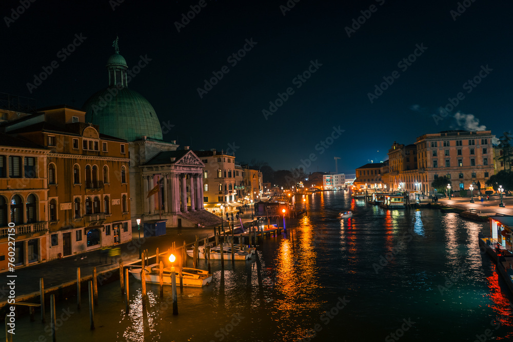 Night landscape of Great Canal of Venice, Italy. With ships and colorful lights