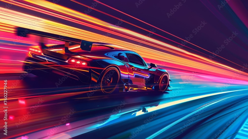 High-Speed Racing Car Passing Track with Motion Blur Background, Motorsports Illustration