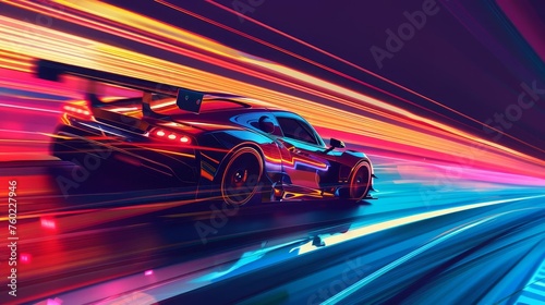 High-Speed Racing Car Passing Track with Motion Blur Background, Motorsports Illustration © Bijac