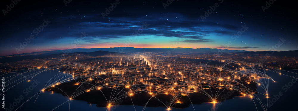 Illuminated Cityscape with Connectivity Lines