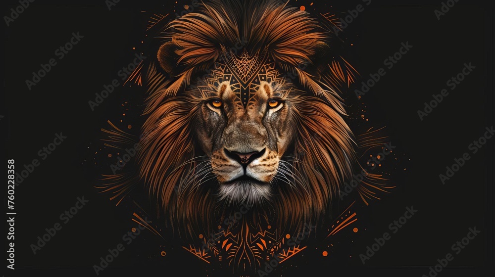 Majestic lion portrait with tribal patterns, digital animal illustration