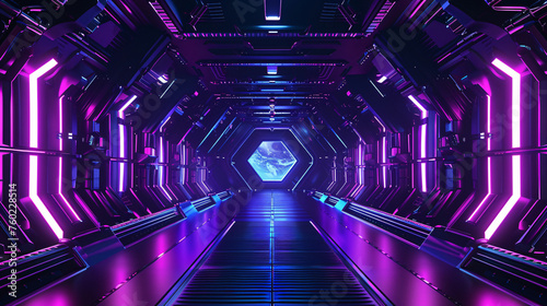 3D rendering of sci-fi stretch background with geometric tunnel and neon lines, 3d rendering concept illustration
