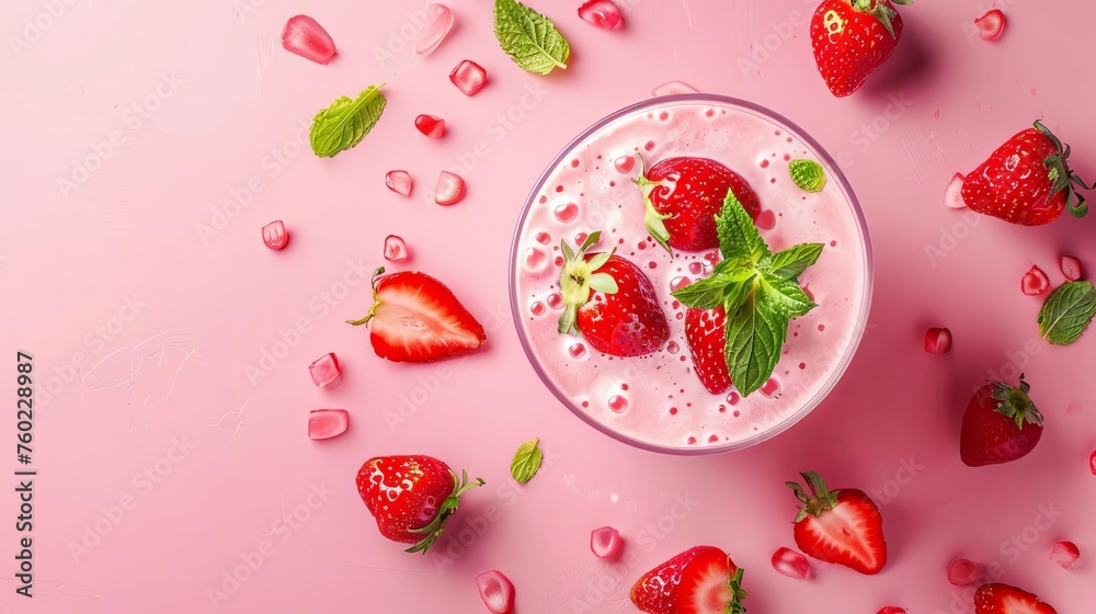 Refreshing Strawberry Milkshake or Cocktail Glass Top View Refreshing Strawberry Milkshake or Cocktail Glass Top View