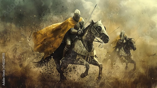 Valiant knight on horseback, charging into battle, digital medieval illustration © Bijac