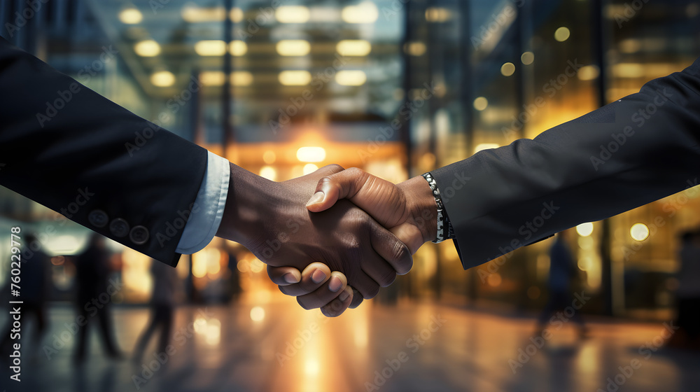 two America men in suits shaking hands,say goodbye in front of the main entrance of the office building, focus on two hands - obrazy, fototapety, plakaty 