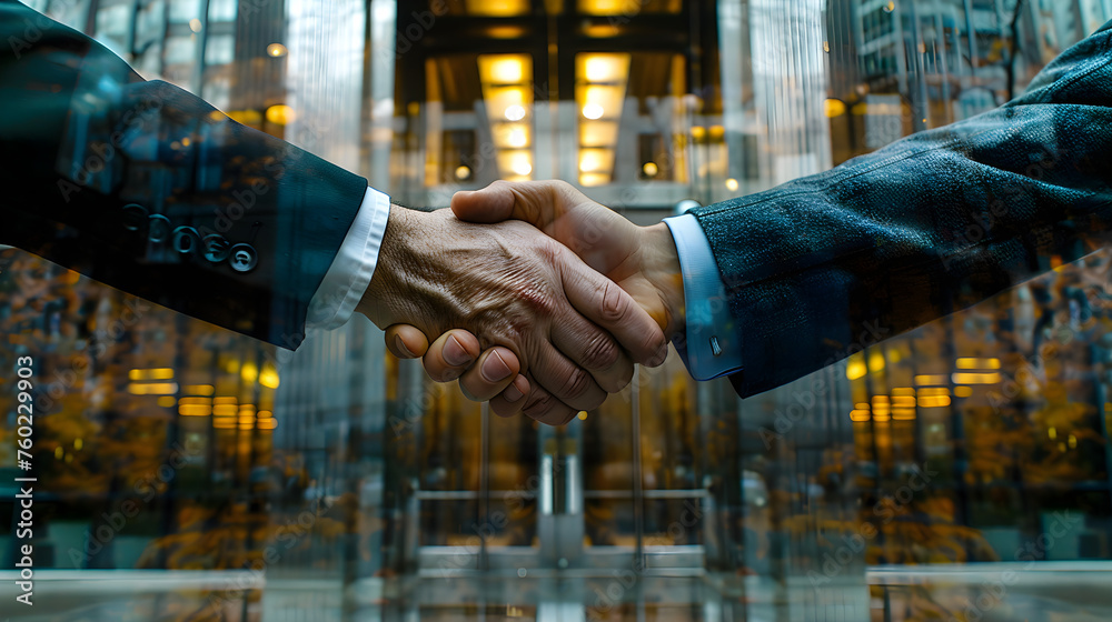 two America men in suits shaking hands,say goodbye in front of the main entrance of the office building, focus on two hands two America men in suits shaking hands,say goodbye in front of the main entrance of the office building, focus on two hands