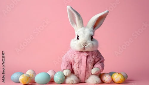 Cute bunny in a pink sweater among colorful easter eggs