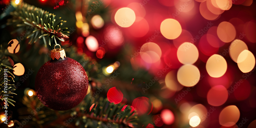 christmas background with christmas ornament and bokeh lights pine tree red color