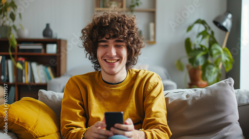 young  man online shopping or check the messeges by phone from the sofa photo