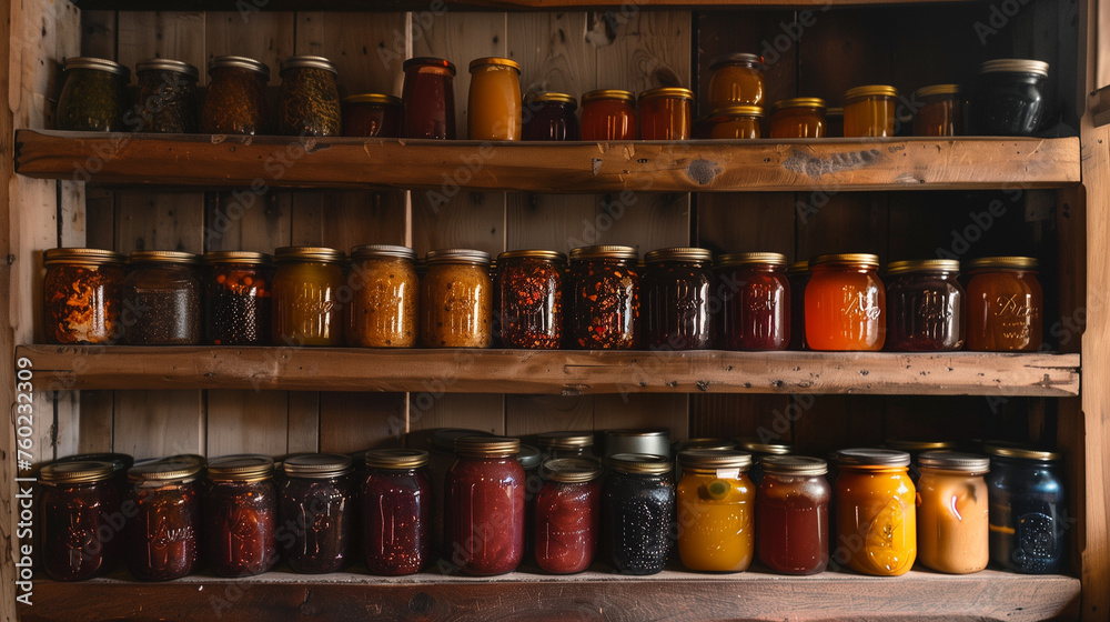 Traditional pantry shelf full of jars of preserved vegetables and fruit ai sause jam jelly marmalade Traditional pantry shelf full of jars of preserved vegetables and fruit ai sause jam jelly marmalade