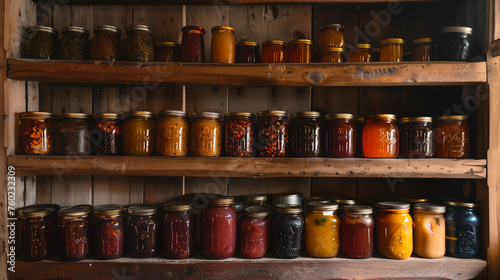 Traditional pantry shelf full of jars of preserved vegetables and fruit ai sause jam jelly marmalade 