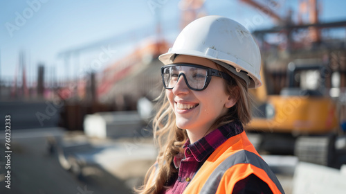 portrait of an industrial worker woman in helmet and west photo