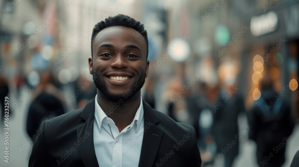 portrait of a handsome smiling young businessman boss in a black suit walking on a city street to his company office. blurry street background, confident portrait of a handsome smiling young businessman boss in a black suit walking on a city street to his company office. blurry street background, confident
