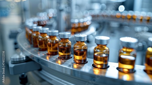 Medical vials on production line at pharmaceutical factory  Pharmaceutical machine working pharmaceutical glass bottles production line  health care  pandemic.