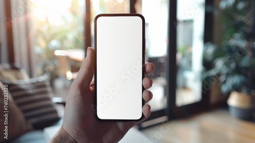 Mobile phone mockup with blank white screen in human hand, 3d render illustration put on a sweater, hold a smartphone Mobile digital device in arm isolated on white. photo