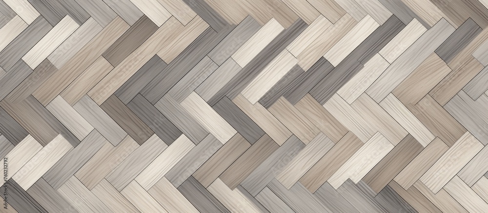 Closeup of a hardwood floor with a herringbone pattern in brown and grey wood stain, creating a beautiful design resembling art on a rectangular table Closeup of a hardwood floor with a herringbone pattern in brown and grey wood stain, creating a beautiful design resembling art on a rectangular table