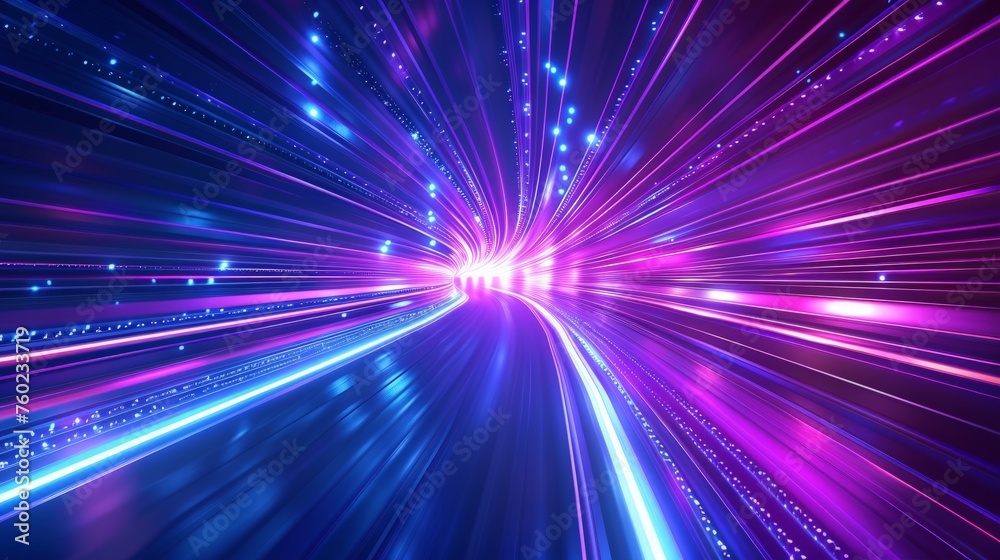 Abstract technology futuristic glowing blue and purple light lines with speed motion blur effect on dark blue background