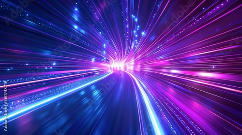 Abstract technology futuristic glowing blue and purple light lines with speed motion blur effect on dark blue background