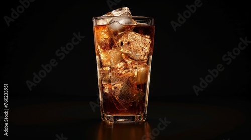 Cola with ice in glass on black background