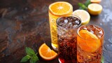 Glasses of soda flavors orange, lemon and cola.