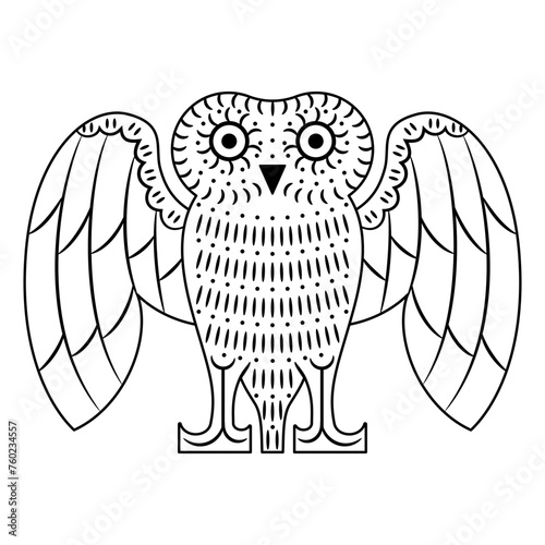 Standing owl with open wings. Ancient Greek vase painting style. Animal design. Black and white linear silhouette.