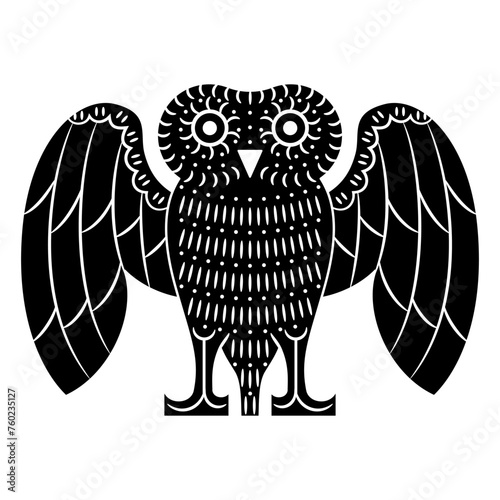 Standing owl with open wings. Ancient Greek vase painting style. Animal design. Black and white silhouette.