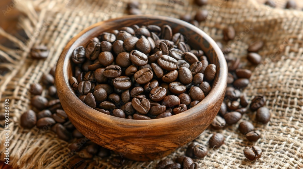 close up coffee beans on wooden bowl 