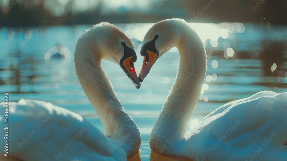 Fototapeta premium two swans make heart shape love on lake
