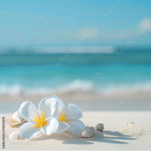 Beach with frangipani flowers and seashells on the sand © wiraphat