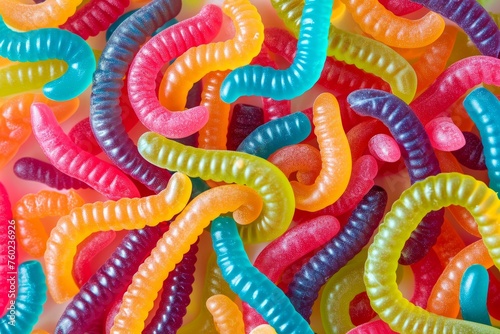 Colorful jelly worms sweets background top view. Generative AI