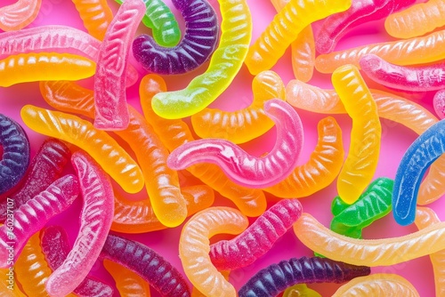 Colorful jelly worms sweets background top view. Generative AI © Zero Zero One