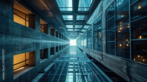 Modern office building interior with glass walls, symmetrical structure, and blue lighting.